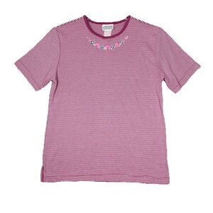 Jantzen‎ Shirt Womens Large Pink White Striped Floral Embroidered Tee Vintage